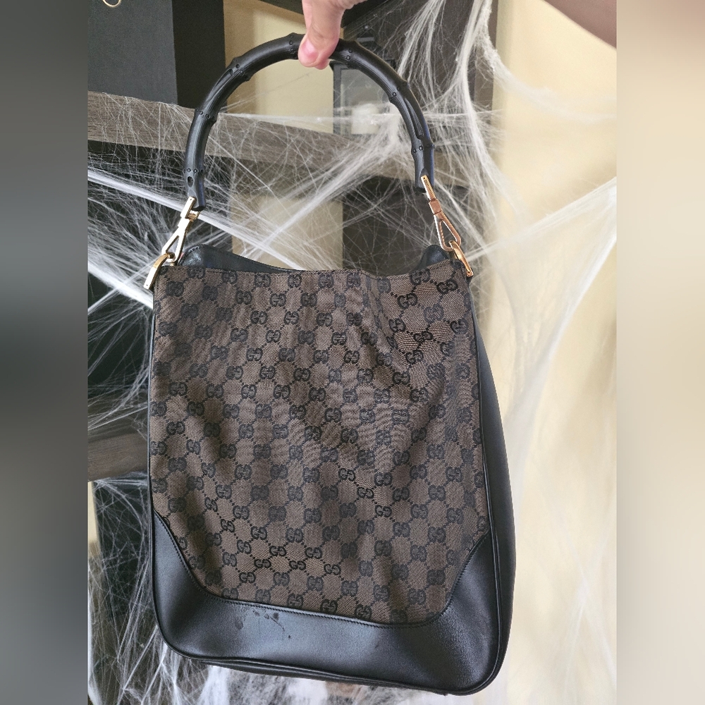 SOLD-GUCCI Bamboo GG Canvas Hand Bag